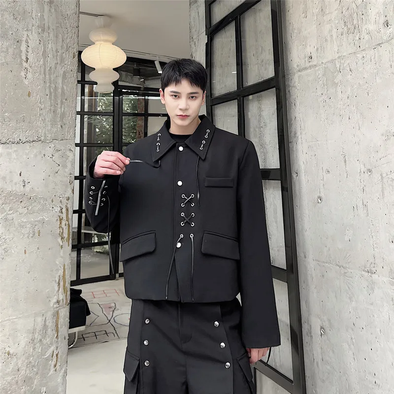 Fashion Chic Jackets Men's 2025 Spring New Lapel Lace-up Trendy Coats Men's Retro Handsome High-end Short Style Long Sleeve Tops