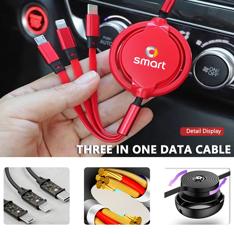 For Smart 3 in 1 USB Charge Cable Type-C Micro USB Spliter Cord Fast Chargin EQ Cabrio City-Coupe Crossblade ROADSTER 452 454