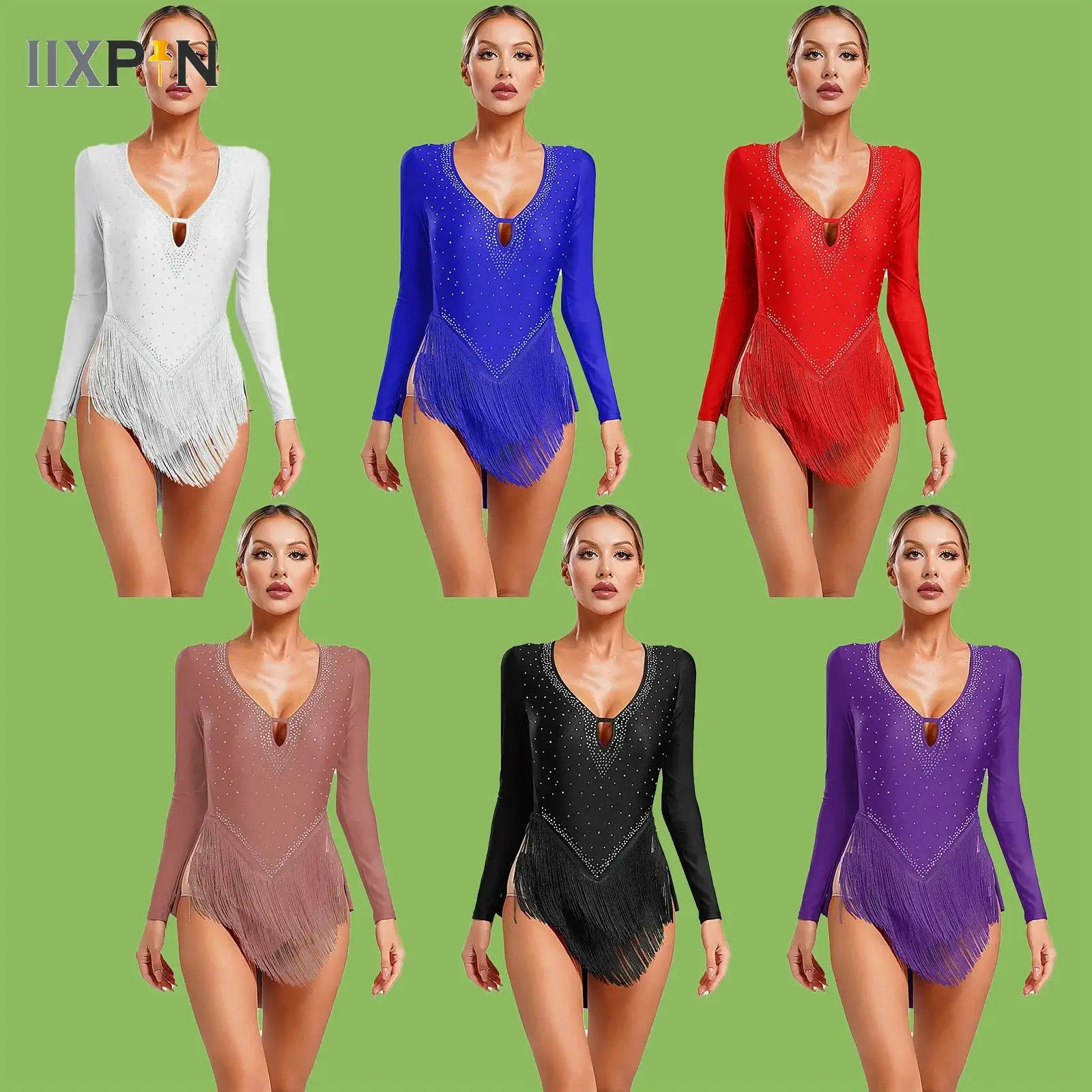 

Womens Tassel Latin Dance Dress Shiny Rhinestones Ballet Leotard Tutu Dress Figure Ice Skating Stage Competition Dance Costume