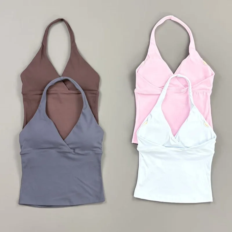 Origin Halter Top Women Gym Tank Top Deep V-Neck Open Back Running Training Vest Pilates Running Workout Fitness Yoga Sportswear