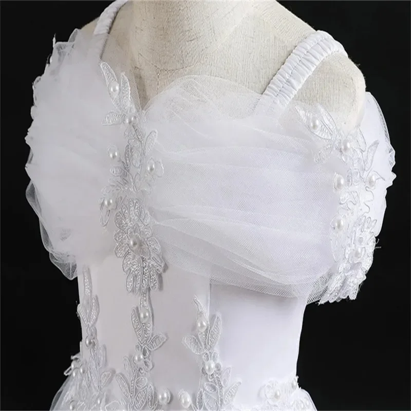 Robes de demoiselle d'honneur brodées en dentelle blanche pour filles, robe de Rhpour enfants, fête de mariage, cadeau de princesse d'anniversaire, première communion