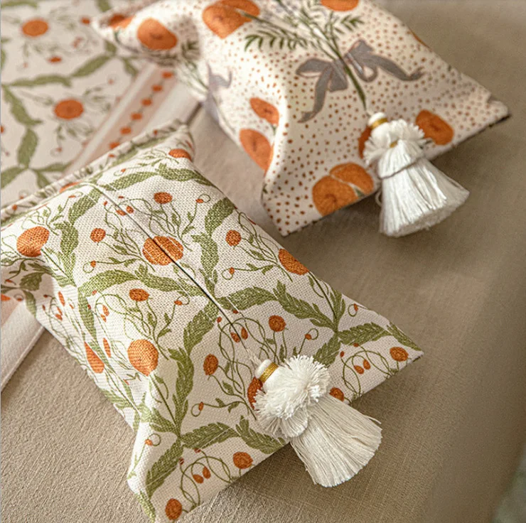 American Style Nalda Cotton Short Plush Fabric Tassel Tissue Holder, Original Painted Design, for Living Room & Car 3