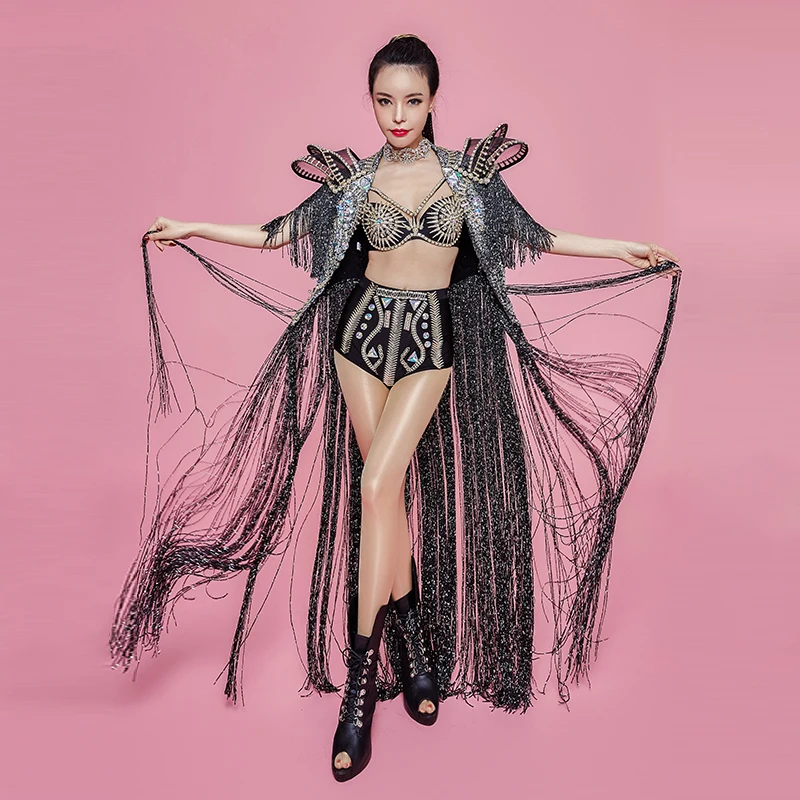 Women Star Singer Concert Performance Clothes Sparkly Rhinestones Tassels Long Coat Crystals Bikini Nightclub Show Stage Costume