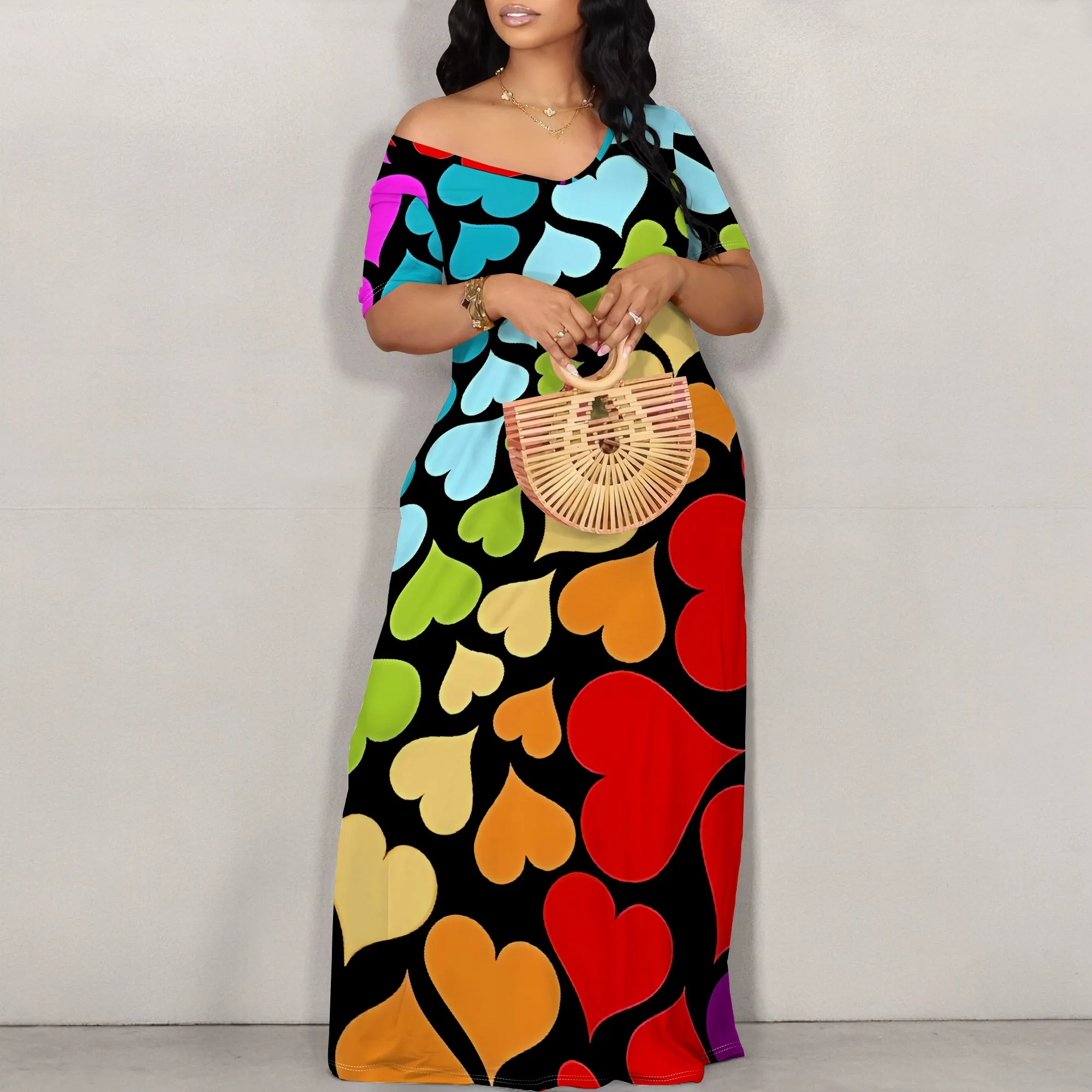 

Women's Fashion Printed Short Sleeve Long Dress Sexy Off Shoulder Backless Bodycon Split Cocktail Party Dress ﻿