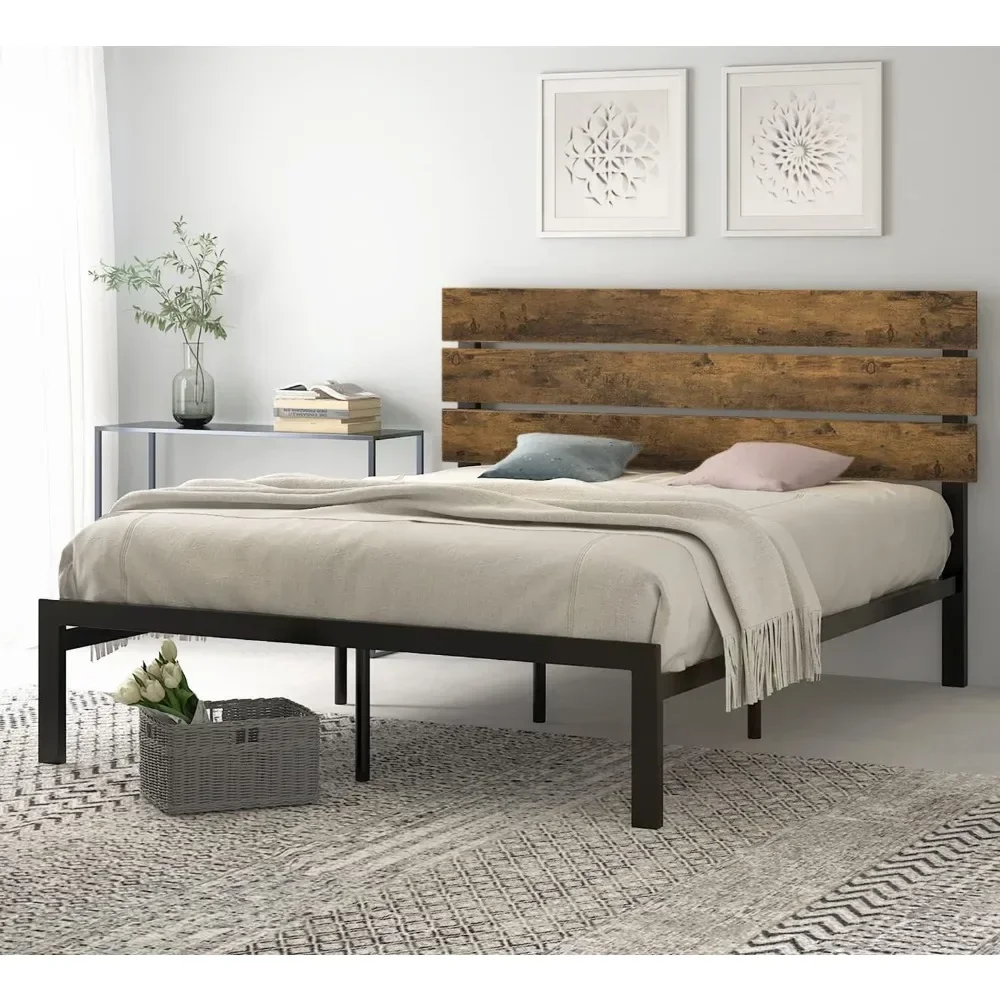 

Queen Size Bed Frame with Wood Headboard, Strong Metal Slats Support, Easy Assembly Bed Frame