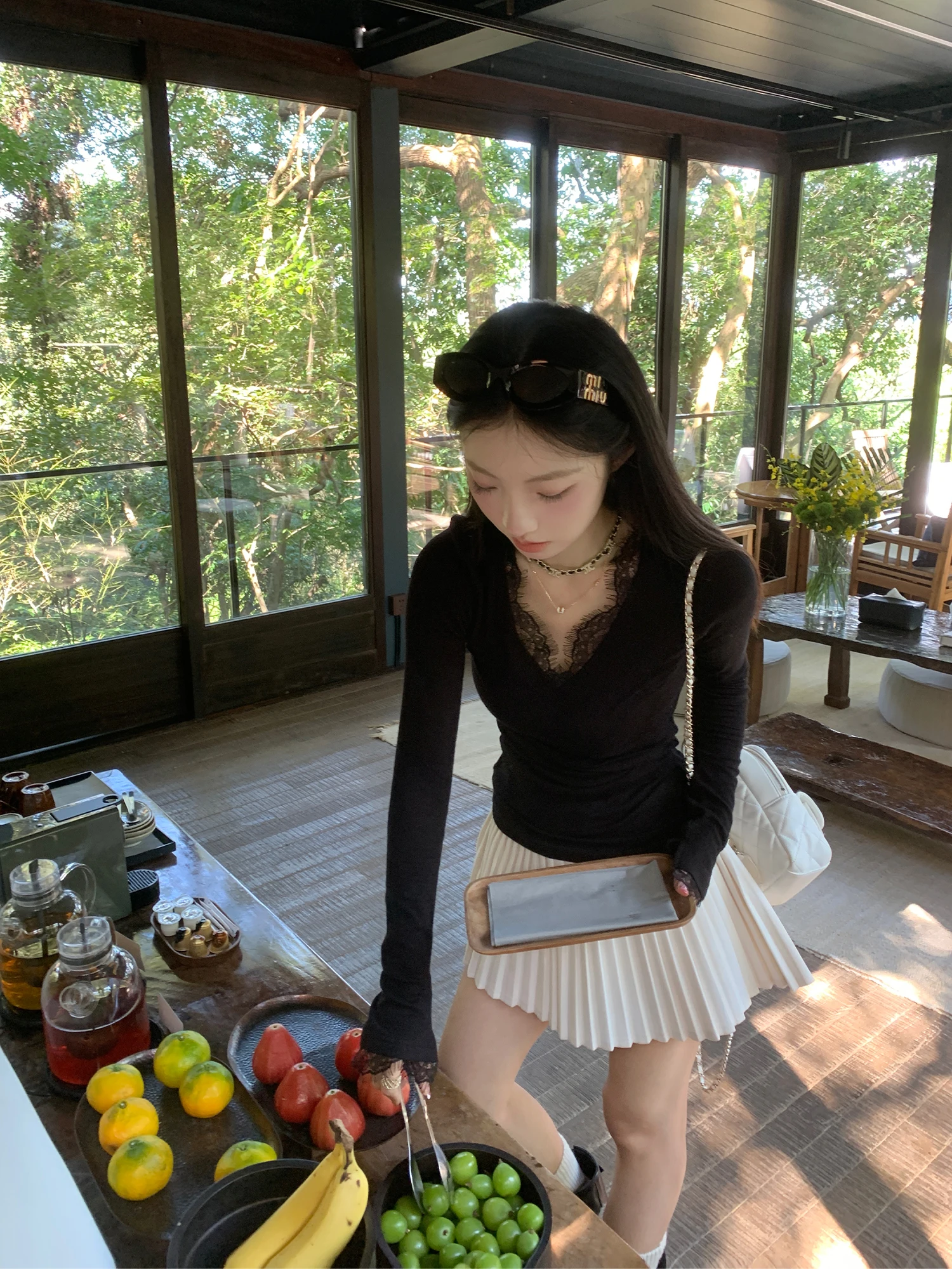 

Yuzuqi Heareat White Lace Base irt Women's Slim Fit V-ne Splice Bla Inner Long Sve Top Casual Sle T-irt