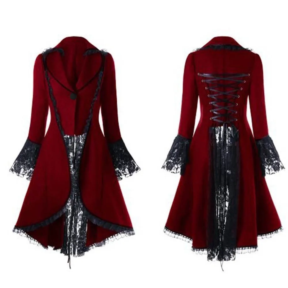 

Women Lace Trim Lace-up High Low Coat Black Steampunk Victorian Style Cosplay Gothic Jacket Medieval Noble Court Dress Plus Size