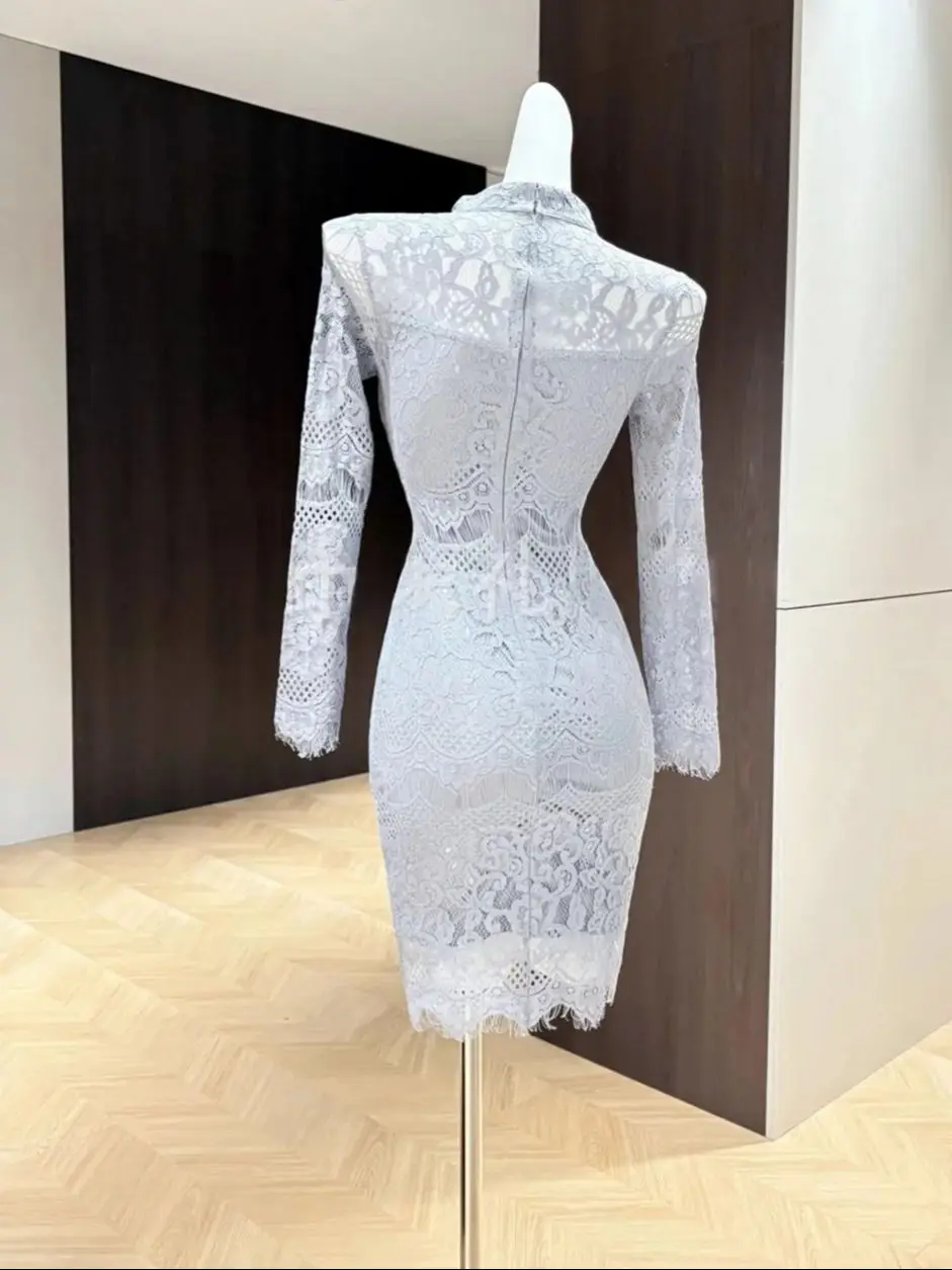 Hohe Qualität Elegante Temperament Abnehmen Cocktail Spitze Kleid Sexy Lange Ärmeln Geburtstag Promi Bodycon Party Kleider Vestido