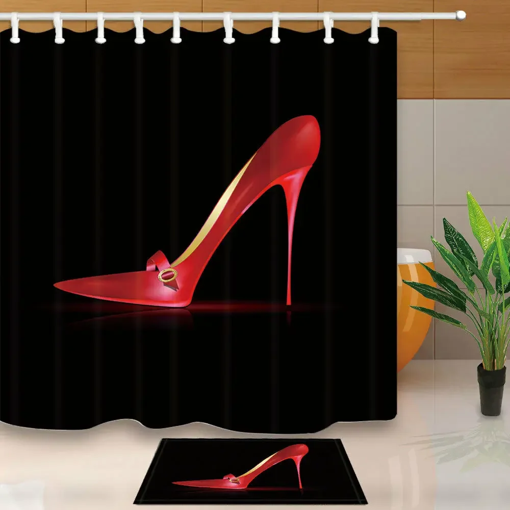 Red ladys High-heeled shoes Shower Curtain Bathroom Fabric & 12hooks