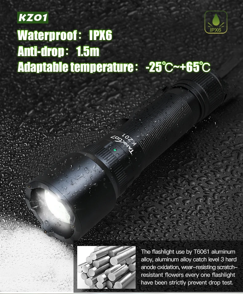 TANK007 KZ01 LED Flashlight High Power 4 Modes Waterproof Focus Zoomable Flash Lights Portable Torch Type-C Charging for Outdoor