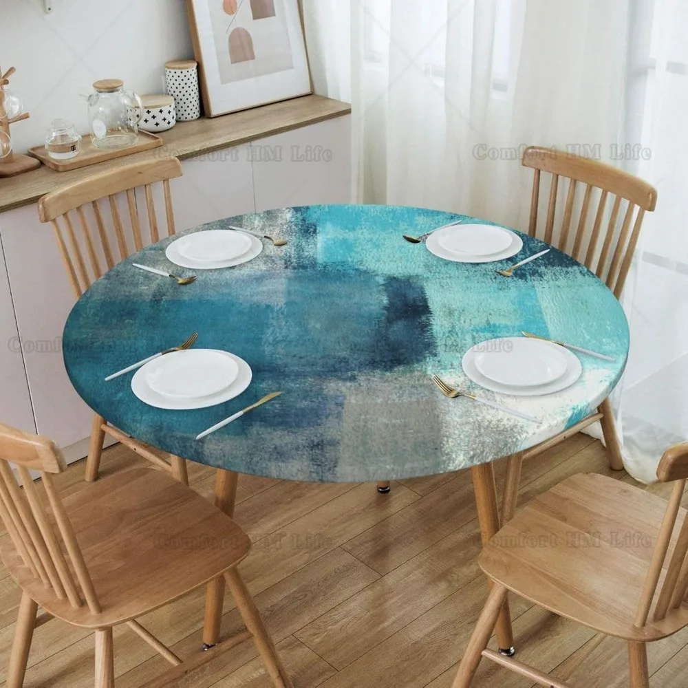 Turquoise and Grey Abstract Art Round Elastic Tablecloth Edge Fitted Table Cover Fits Table 40\