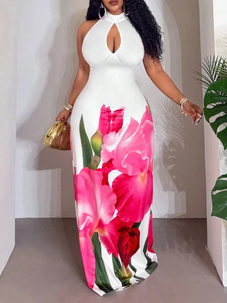 Robe longue Slergiri grande taille à imprimé floral, sexy, avec découpes, dos nu, coupe évasée, élégante, pour femme, idéale pour les vacances d'été et les soirées