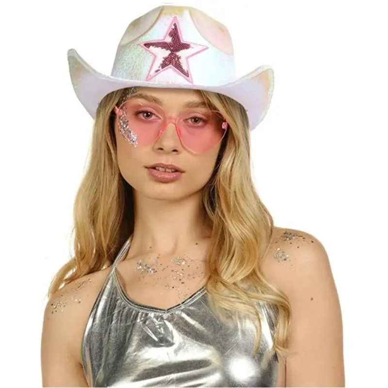 

39BD Woman Heart Sunglasses Cowgirls Hat Set Summer Outdoor Sunproof Wide Brim Bridal Fedoras Hat for Photoshoots Supplies