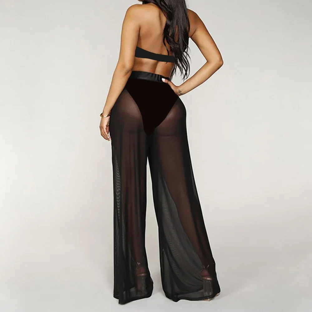 Hose mit hoher Taille, durchsichtig, weich, dynamisch, elastisch, lang, locker, aus Mesh, Polyester, einfarbig, transparent, für den Strand – Detail 7
