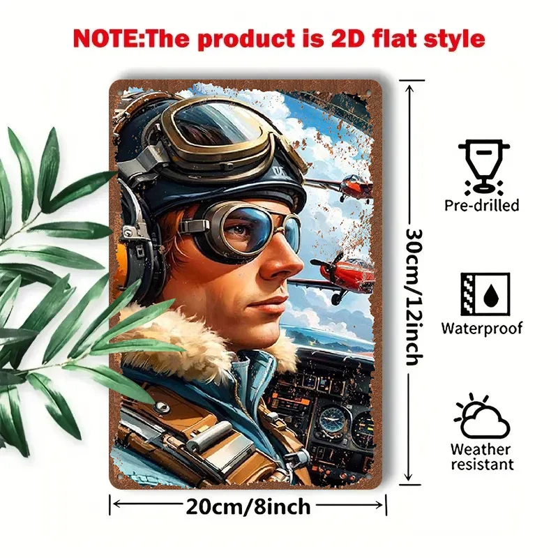 2D Flat - 1pc 2D[Flat] Metal Sign Retro Pilot Theme Tin Painting, 8X12 Inches/20X30 Cm, Showing Classic Flight Scenes And Delica
