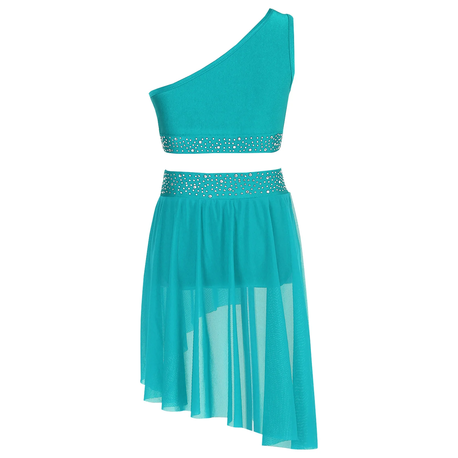 Vestido moderno de dança lírica infantil, tops de malha com um ombro com saia, balé latino, jazz, dancewear de salão para menina, performance