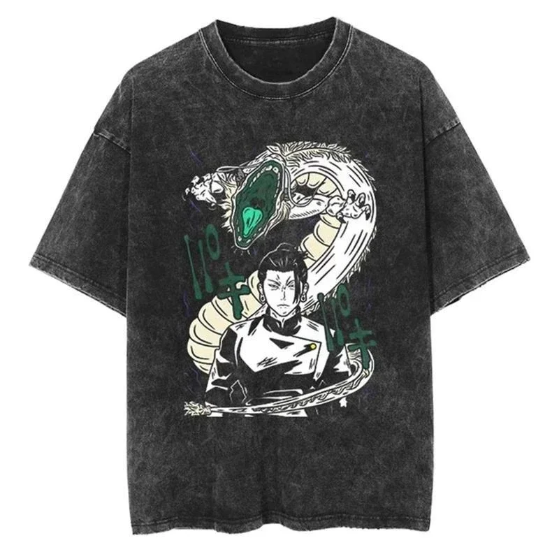 

Jujutsu Kaisen Retro Washed Vintage Short Sleeved T-shirt Spell Return Battle Fur Black Shirt Surrounding Coswear