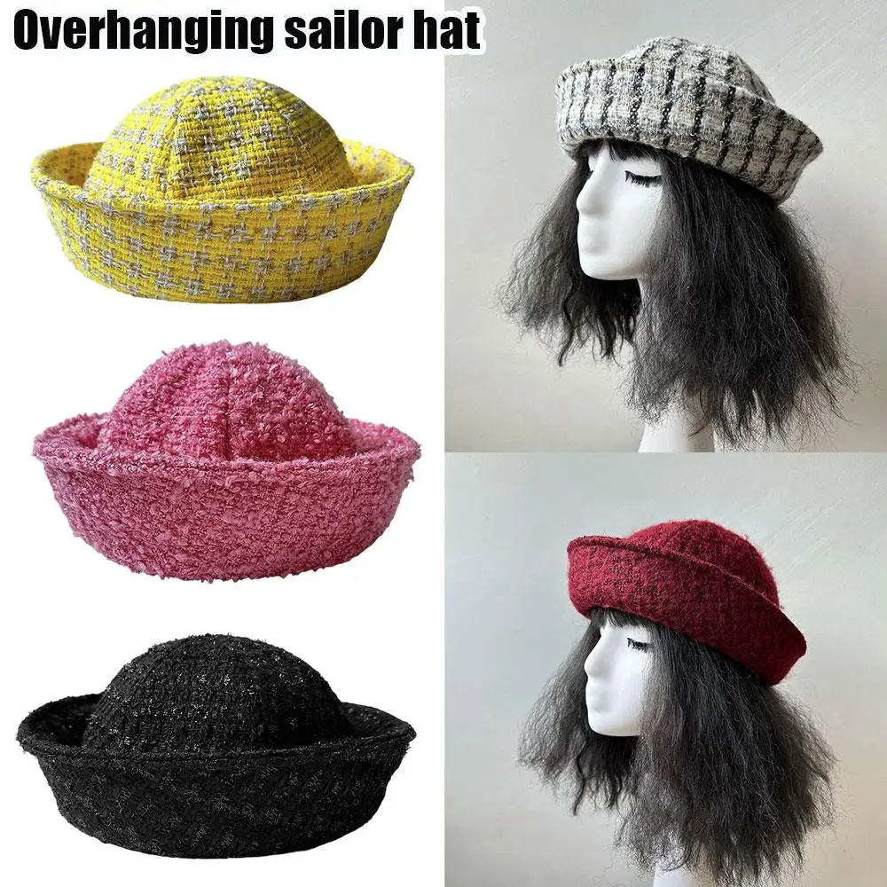 

Plaid Nurse Cap Striped Fisherman Cap Multifunctional Navy Style Hat Flip Brim Bucket Hat Woolen Tweed Berets Y2K Hats