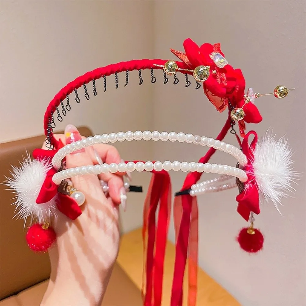 

Children's New Year Hair Accessories Red Butterfly and Floral Headband for Girls Hanfu Costume Hair Hoop with Teeth