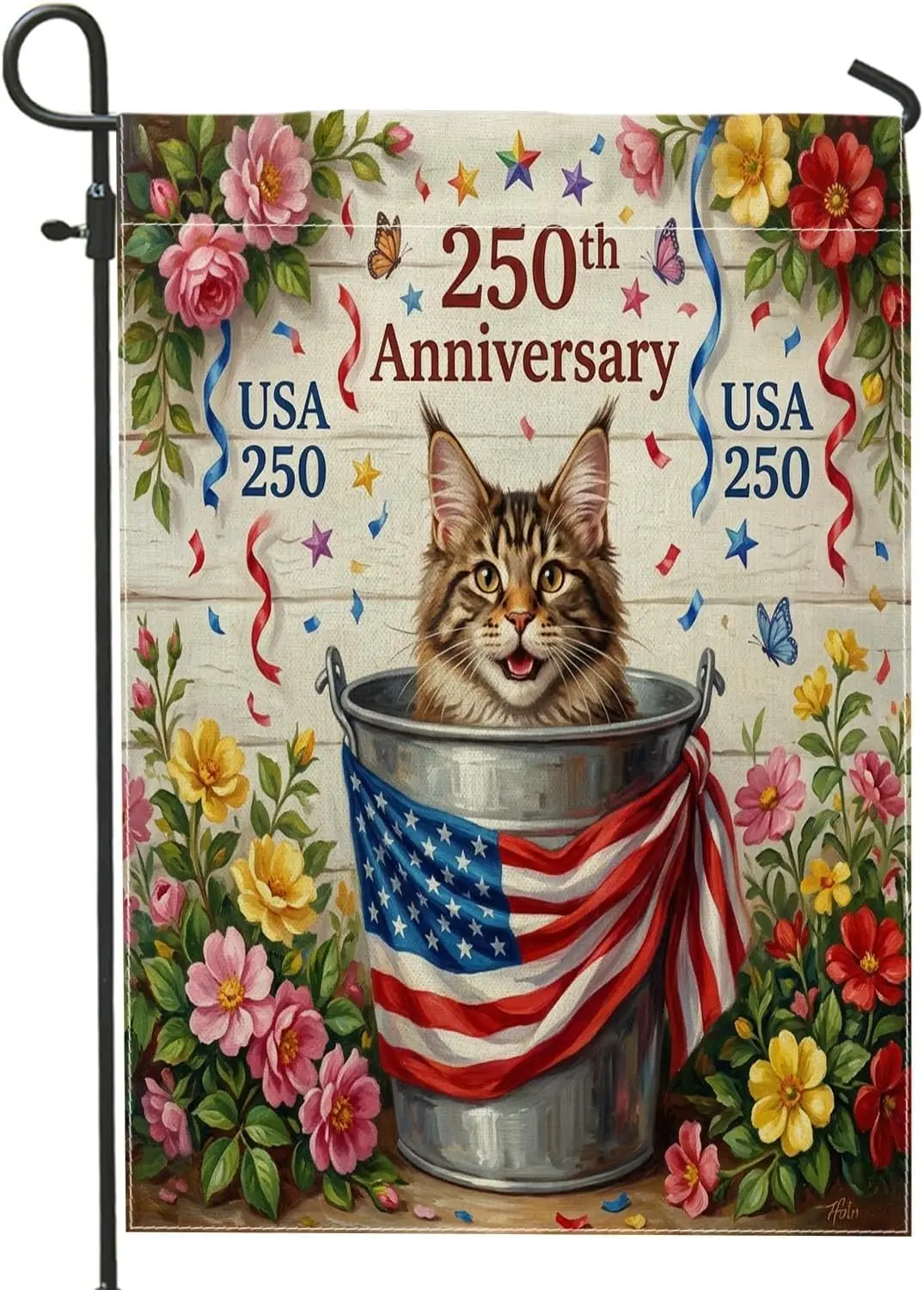 250 Years Maine Coons Cats Garden Flags 12x18 Inch for Outside, 4th of July Wood Pattern Standard Linen House Flags, America AAS