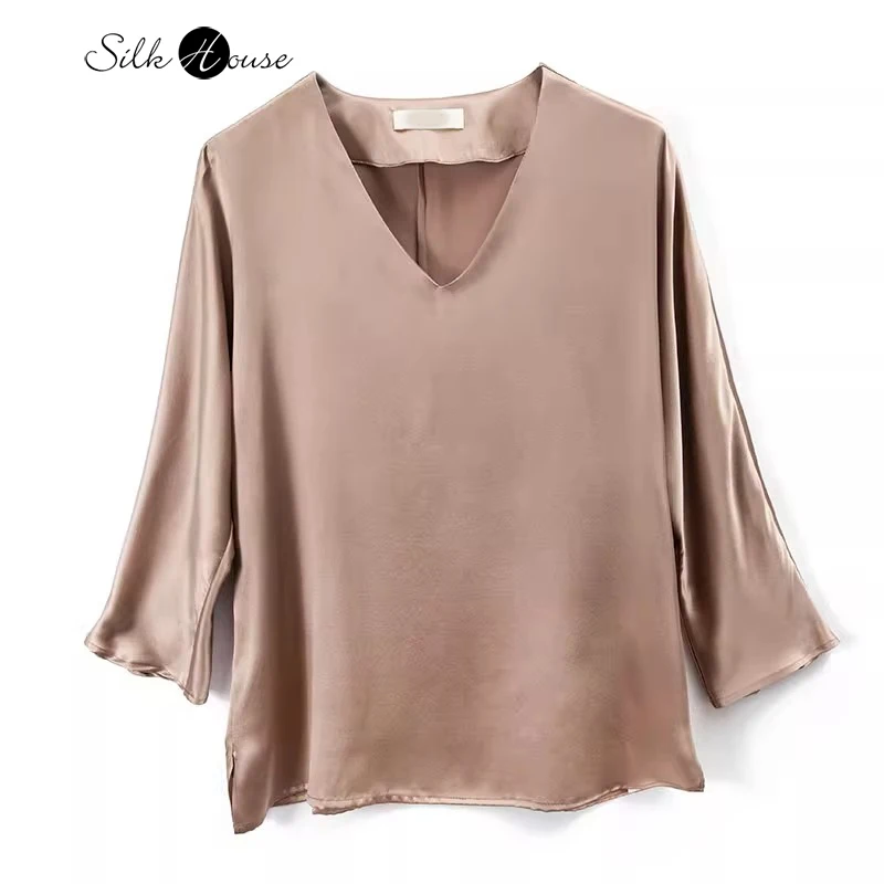 

Temperament Style 100%Natural Mulberry Silk Satin V-neck One-piece Loose Nine Quarter Sleeve Women's Autumn Long Sleeved T-shirt