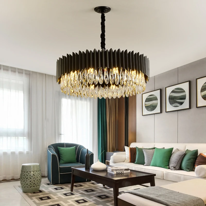 Nordic Luxury Black Crystal Ceiling Pendant Lights for Dining Table Round Hanglamp Living Room Decoration Led Light Fixture