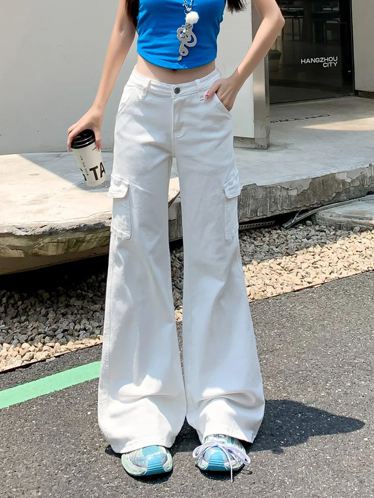 

Белые джинсовые джинсы-карго с низкой талией, женские уличные джинсы Y2K, лето 2024, модные повседневные расклешенные джинсы с эластичными карманами и карманами Femme