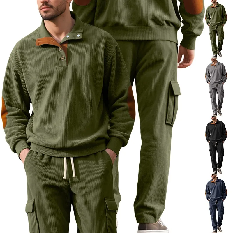 

Autumn and Winter Corduroy Sweatshirts and Sweatpants fashion Stand-up Collar Access Control Pullover Work Pants Set for Men