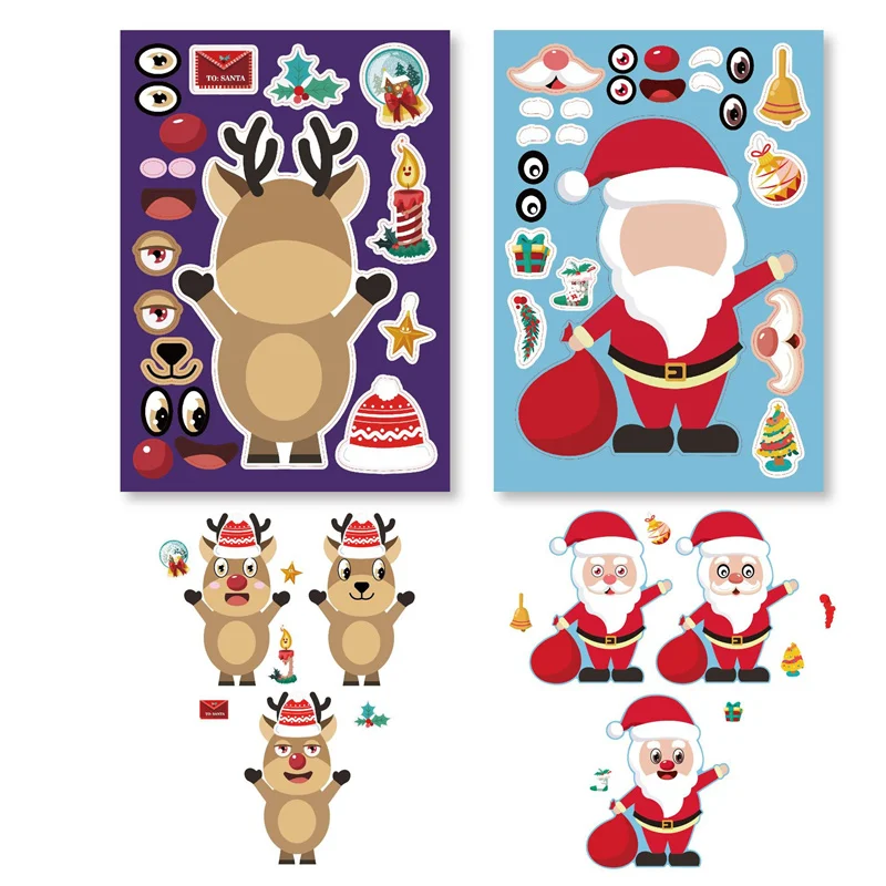 6/12/24Sheets Kids DIY Stickers Classic Make Your Own Christmas Tree Santa Face Jigsaw Sticker Party Puzzle Toys Boys Girls Gift