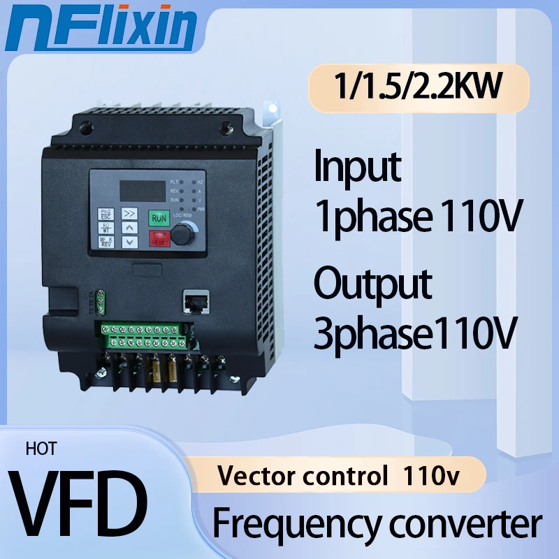 AC 110V VFD Variable Frequency Drive Converter Vector Inverter 1/1.5/2.2KW Motor Speed Controller