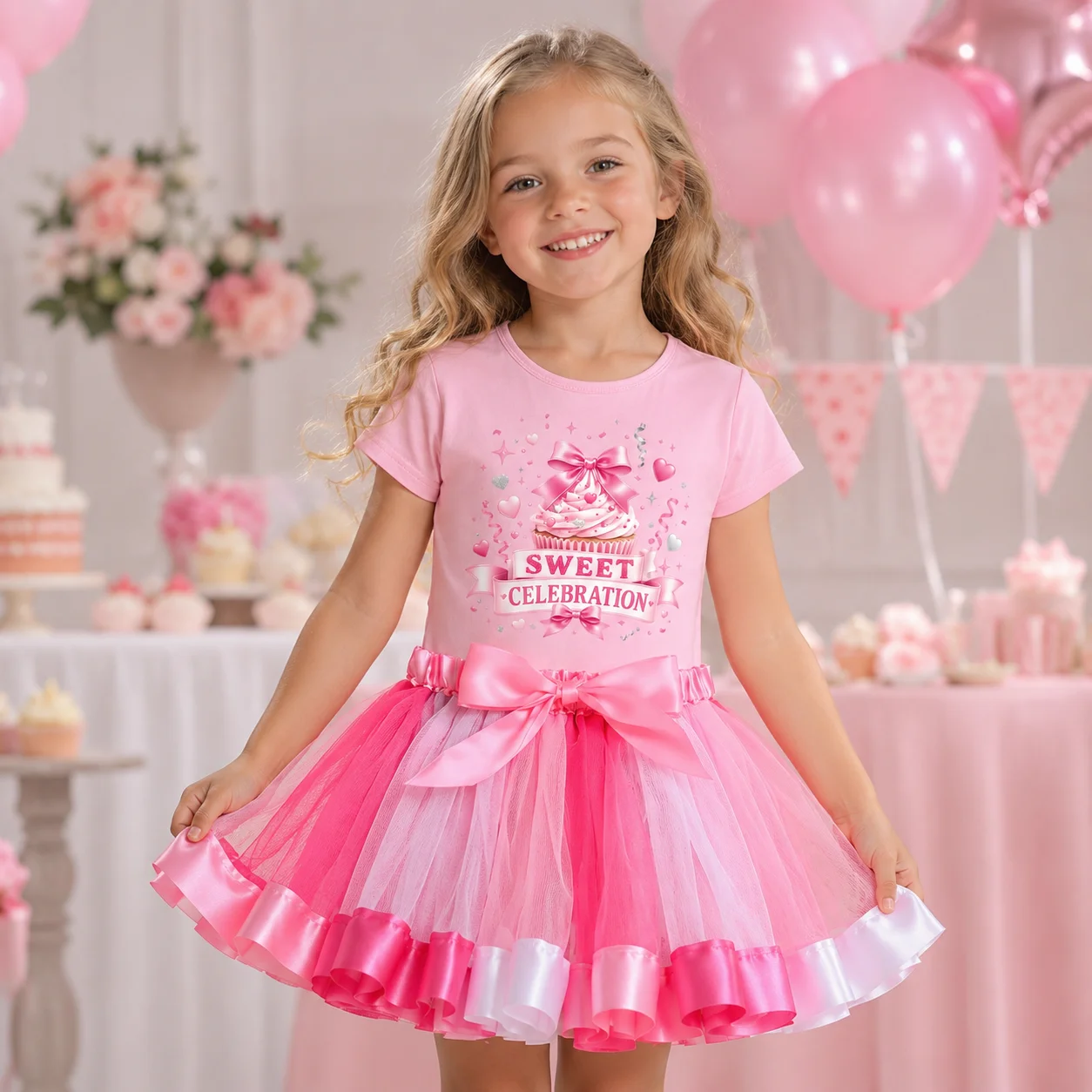Süßes Geburtstagsoutfit für Kleinkinder, Mädchen, 2-teilig, kurzärmeliges T-Shirt mit Cupcake-Aufdruck, rosa Farbverlauf, Tutu-Rock-Set, Kinder-Prinzessin-Set