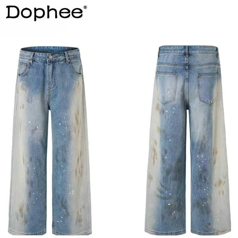 

Модные прямые джинсы с эффектом брызг краски для мужчин, весна 2026, новые трендовые свободные длинные джинсовые брюки, стильные мужские джинсы