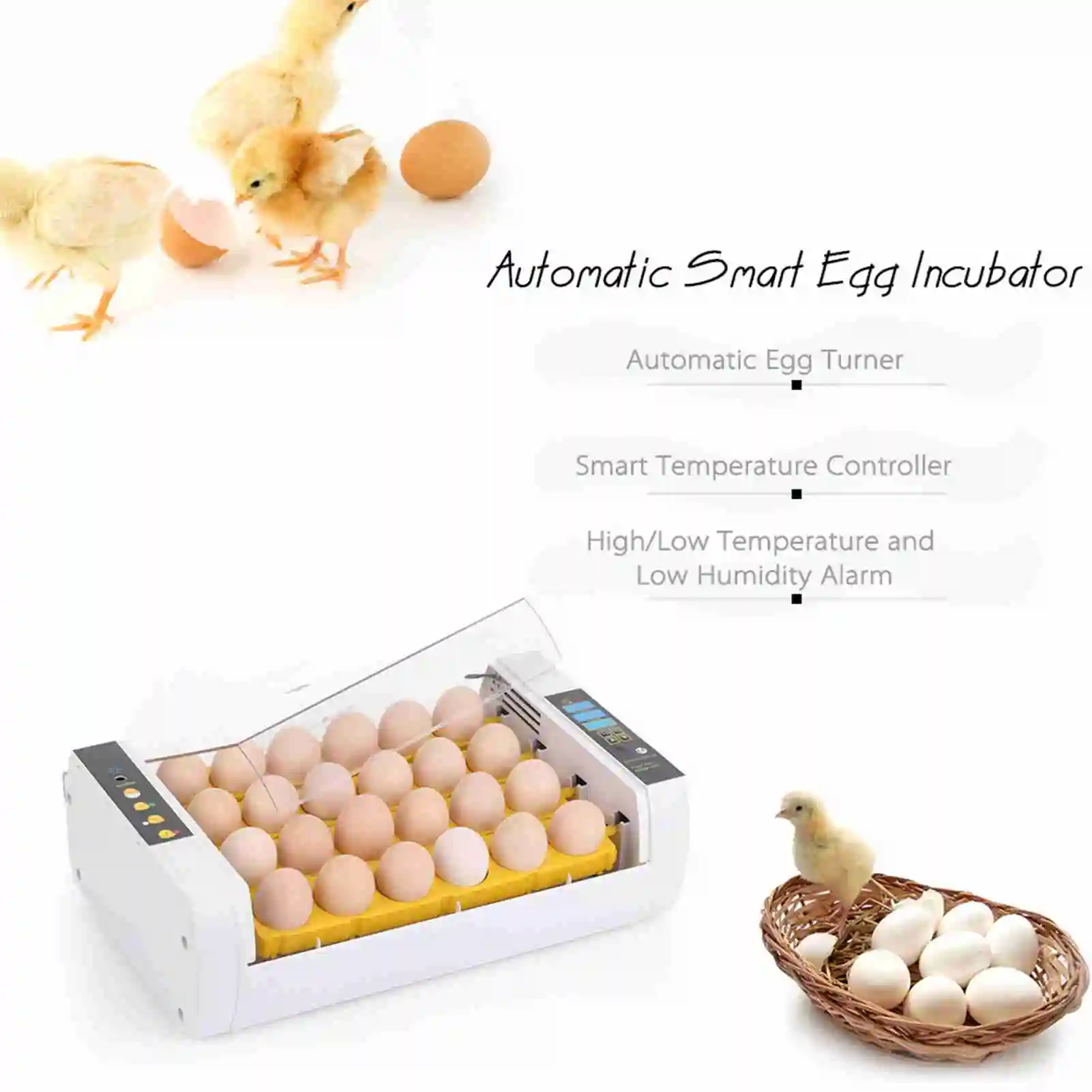 24-Eggs Intelligent Automatic Egg Incubator Temperature Control Hatcher for Hatching Chicken Duck Bird Quail Poultry AC220V