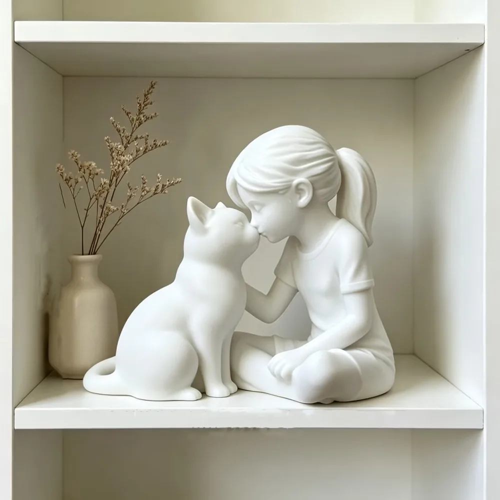 3D Printed Girl and Cat Sculpture Unique Plastic Girl Cat Friendship Statues Cute Animal Crafts Desktop Cat Figurine