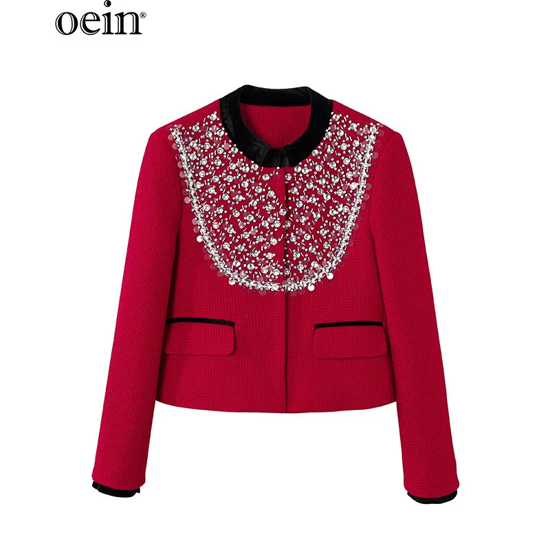 

[oein] Christmas Red Autumn/Winter Heavy Industry Nail Bead Velvet Splicing Collar Long Sleeve Small Fragrant Short Coat Women