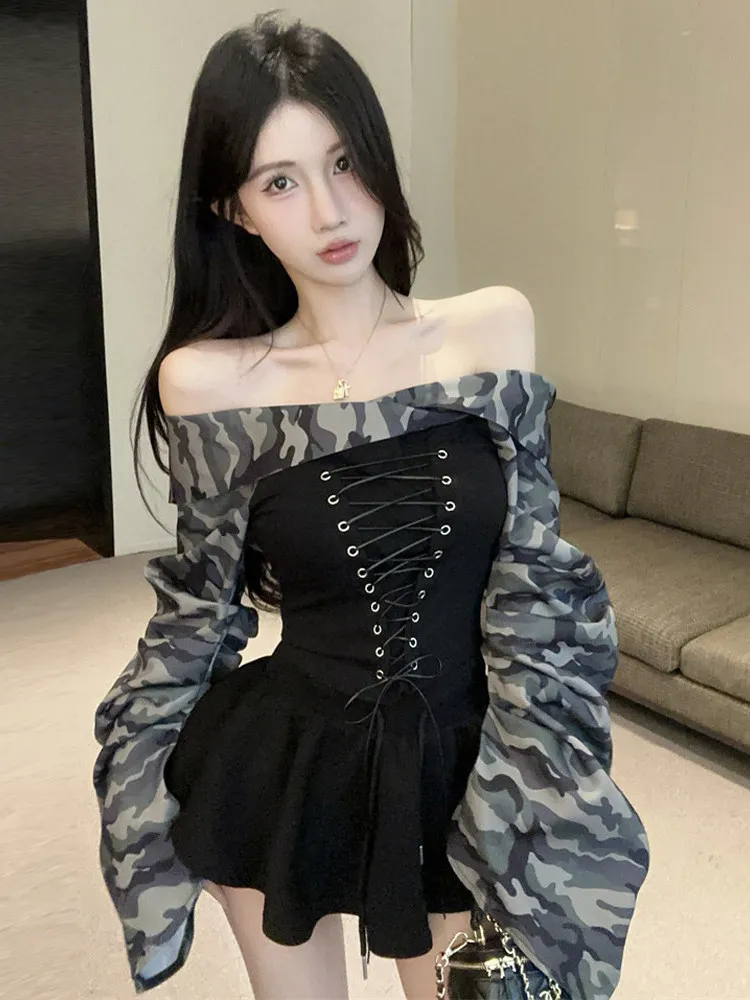 Retro Camouflage Print Long Sleeve T-Shirt Waist Cinched Bell Sleeve Design One Shoulder Top for Young Women Breathable Autum...