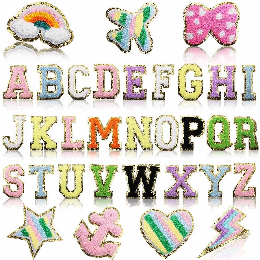 Letter Patches Self Adhesive Chenille Stoney Clover Lane Dupes Glitter Embroidery Gold Border Patch for Clothing Diy Hat Shirt