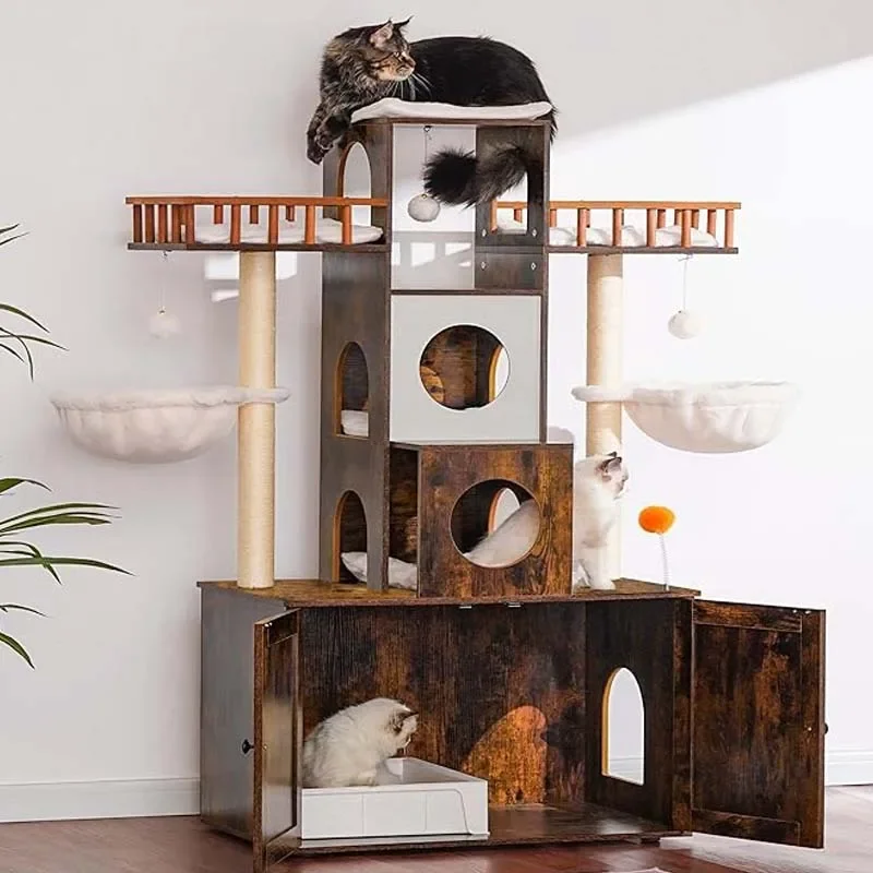 Modern rustic brown indoor heavy-duty 20lb cat tower with bin shell scraping column