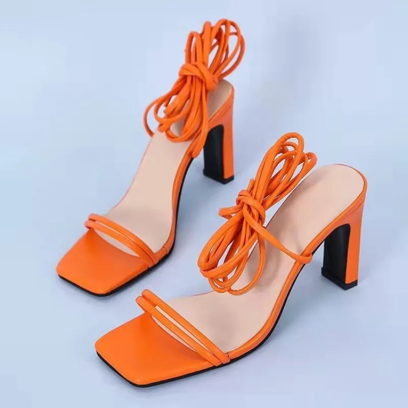 High Heels Sandals Women Summer 2023 Thin Heeled Ankle Strap Gladiator Sandals Woman Plus Size 43 Square Toe Party Pumps