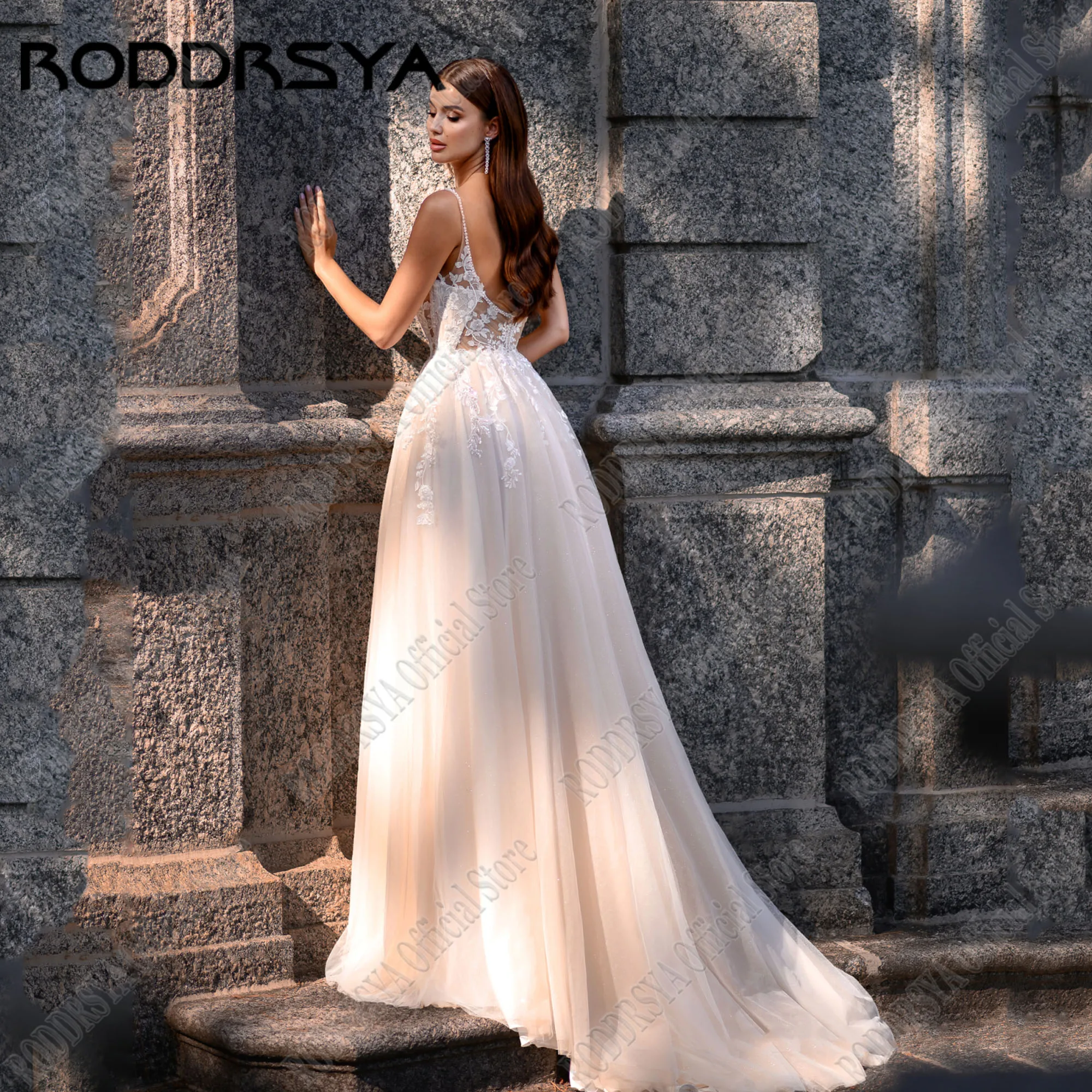 RODDRSYA-vestidos de novia bohemios, Apliques de encaje, línea A, abertura lateral, Espalda descubierta, tirantes finos, vestidos de novia personalizadosRoddrsya calcomanía Bohemia vestido de novia en forma de a con ti