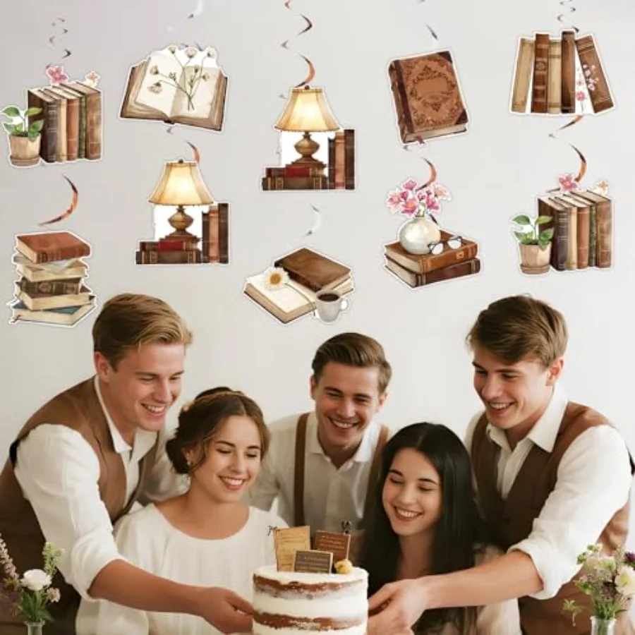 24Pcs Vintage Brown Book Hanging Swirls Decorations - Storybook Reading Club Double Sided Ceiling Spiral Streamers, Library Cha