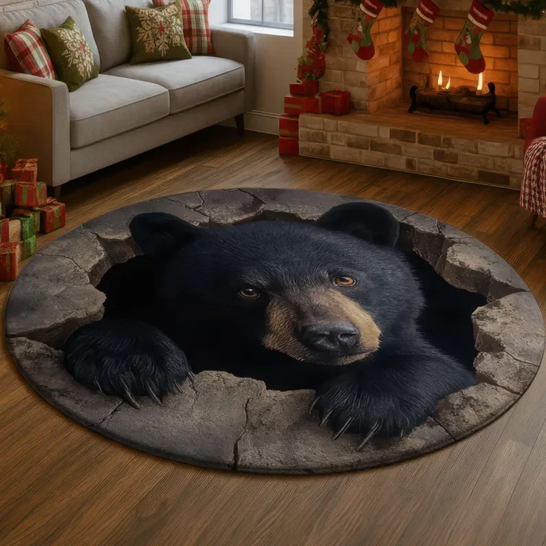 3D Bear Den Illusion Rug Black Bear Head Peek Carpet Forest Woodland Animal Floor Mat Rustic Cabin Nature Home Decor Rugs
