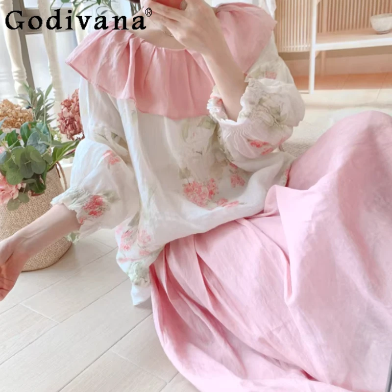

Spring Retro Long Lantern Sleeve Ruffles Loose Floral Shirt Fashion Round Neck Versatile Comfortable Simple Pink Print Tops