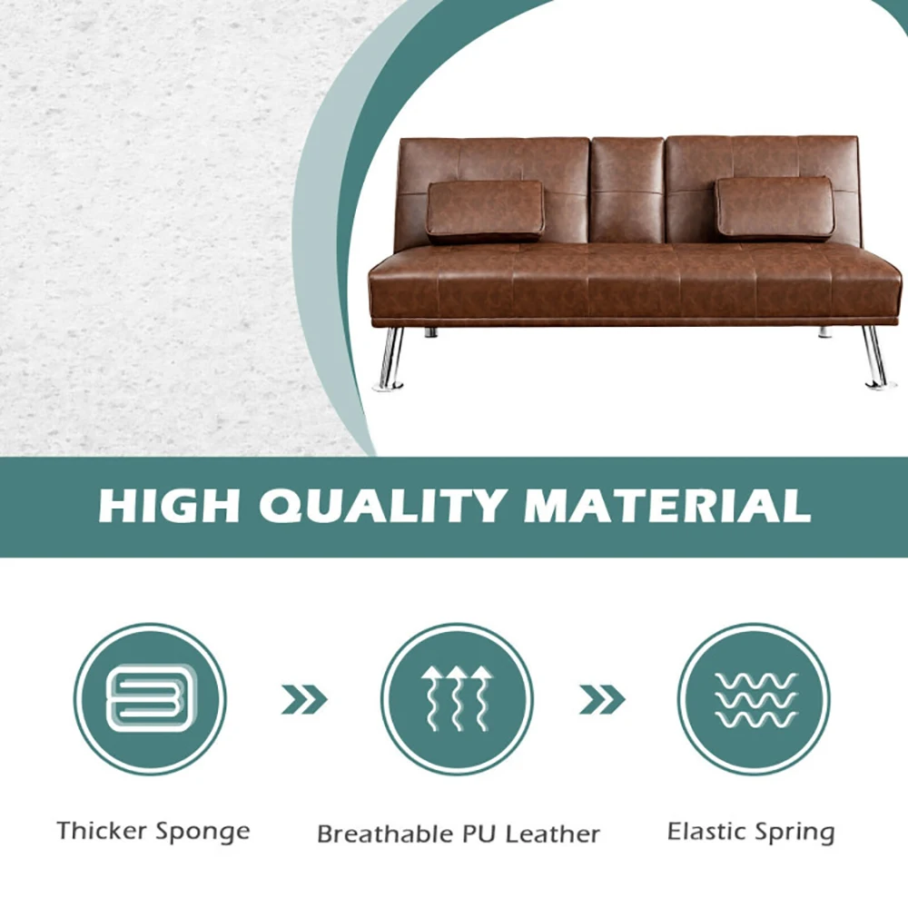 Finer Materials Higher Softness Convertible Folding Leather Futon Sofa with Cup Holders and Armrests image 4
