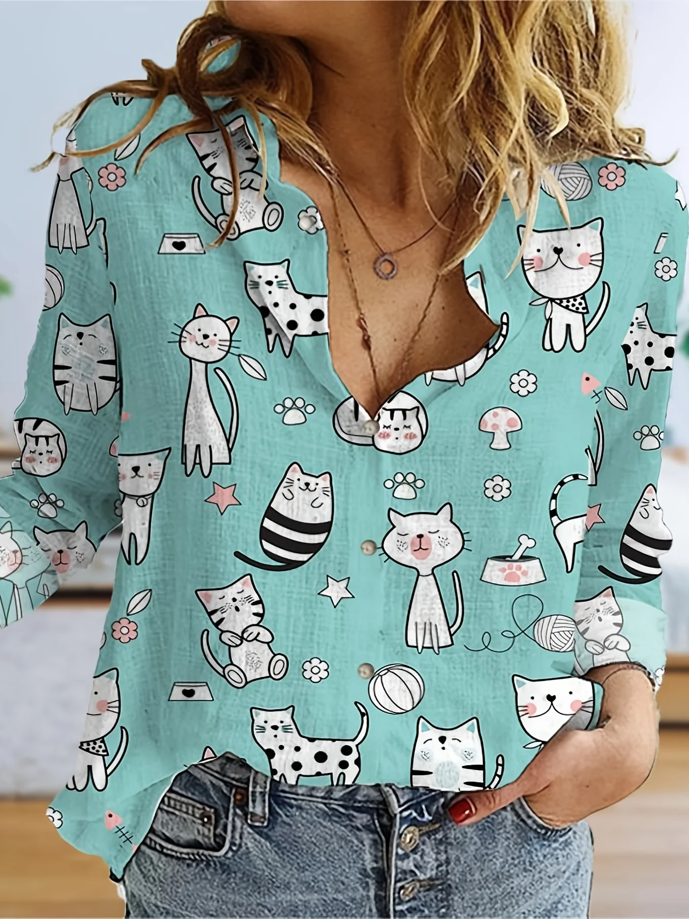 Fashion Women's Shirt Cute Kitten Pattern Print 2024 Women's Shirt Elegant Women's Long Sleeved Button Up Shirt Daily Top