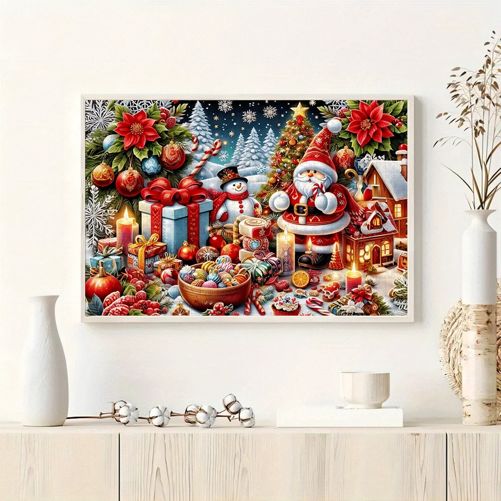 ปริศนา 1,000 ชิ้น ลายซานตาคลอสและตุ๊กตาหิมะในฉากคริสต์มาส พร้อมหมู่บ้านฤดูหนาว ของขวัญ และเกล็ดหิมะ - สนุกสุดๆ