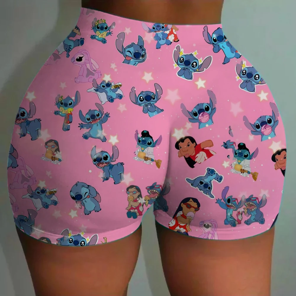 Spodnie do jogi z wysokim stanem dla kobiet, modelujące i podnoszące pośladki, dopasowane, z nadrukiem Disneya Stitch, szorty sportowe.