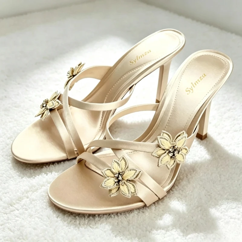 Fashion Shiny Flower Applique Detail Heeled Sandals Women Elegant Cross Tied Slide Sandals Sexy Round Toe Open Toe Dress Shoes
