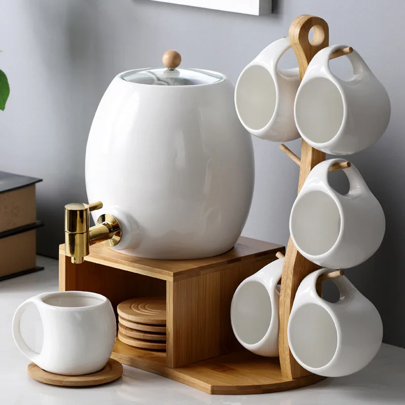 Hanging Cup Type 3L Large Capacity Ceramic Water Pot Set With 6 Cups Faucet Coaster White Porcelain Kettle European Coffee Cup