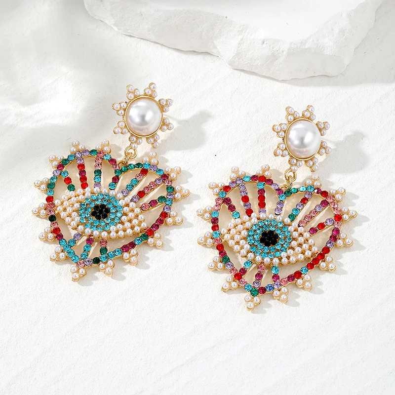 Boho Crystal Heart Evil Eye Drop Earrings For Women Retro Hyperbole Ethnic Turkish Lucky Blue Eye Earring Wedding Party Jewelry